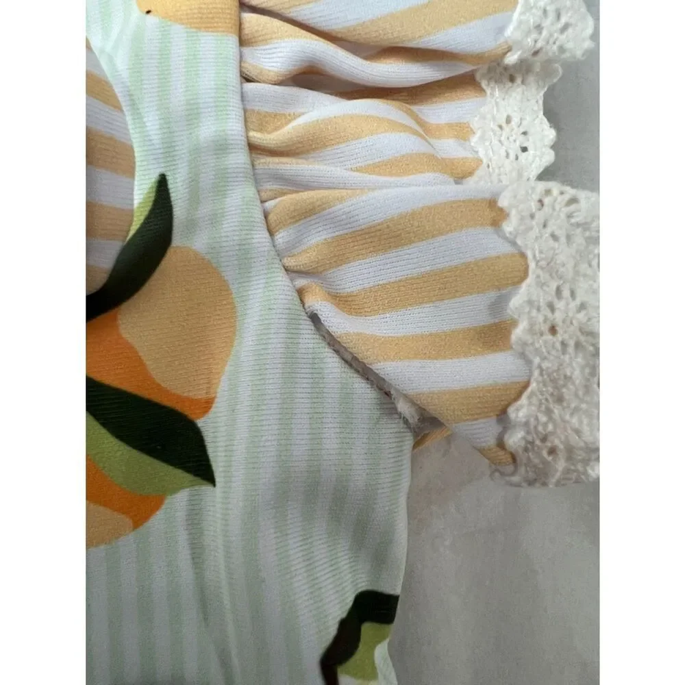 SweetHoney Mint Green Peach print ruffle bottom 2 piece swimsuit size 12 months